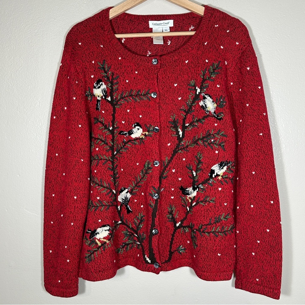 Euc Vintage Coldwater Creek Chickadee Bird Embroidered Beaded Cardigan